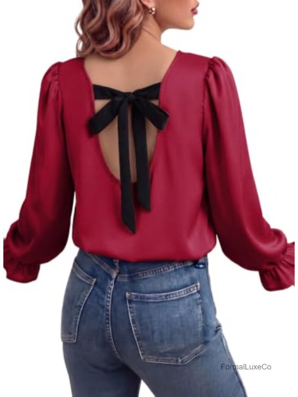 Women's Satin Long Sleeve Bow Back Blouse Puff Sleeve Business Casual Fall Top